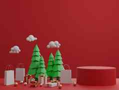 红色的背景讲台上礼物盒子圣诞节树为