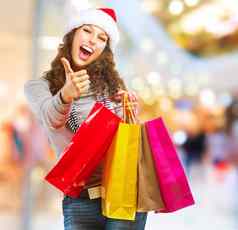 圣诞节购物女孩袋购物购物中心