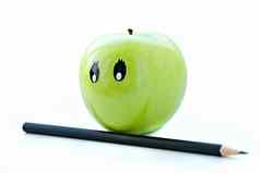 绿色苹果铅笔孤立的白色