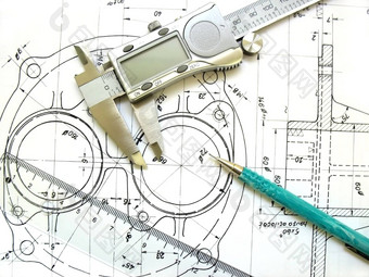 工程工具技术画数字卡尺统治者机械铅笔