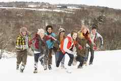 集团十几岁的朋友有趣的雪景观