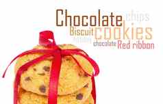 巧克力芯片饼干红色的丝带