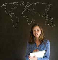 女商人老师学生世界地理位置地图粉笔背景