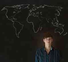 商人老师学生世界地理位置地图粉笔背景