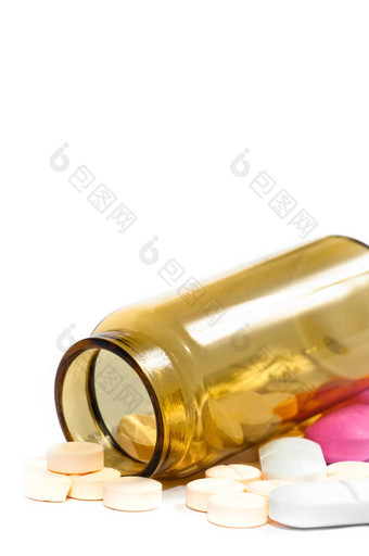 医学瓶紫色的黄色的药片白色伊索拉