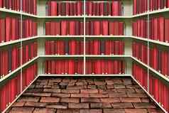 红色的硬封面书架子上砖图书馆