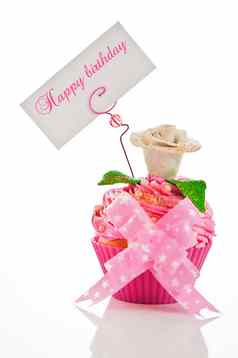 美丽的粉红色的快乐生日蛋糕花标签