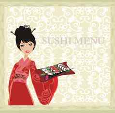 美丽的亚洲女孩享受寿司菜单模板