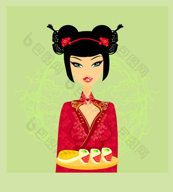 美丽的亚洲女孩享受寿司<strong>菜单模板</strong>