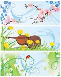 春天横幅集开花树小提琴花ladybi