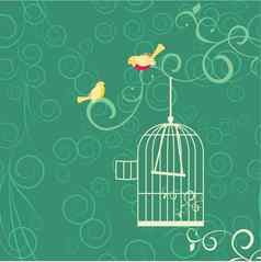 夫妇黄色的鸟开放笼子里繁荣绿色后台
