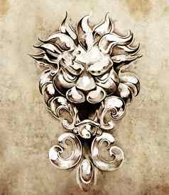 草图纹身艺术滴水嘴狮子插图