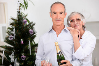 上了年纪的夫妻喝香槟圣诞节