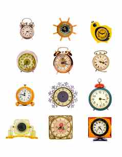 各种各样的原始设计古董时钟闹钟和集合白色