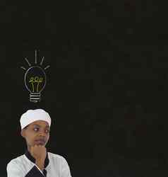 灯泡的想法非洲女人老板粉笔黑板上背景