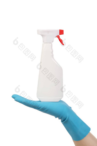 手手套持有白色塑料喷雾瓶