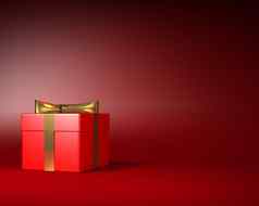 红色的礼物盒子黄金丝带弓红色的背景