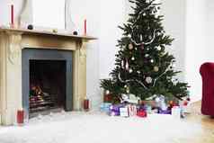 壁炉圣诞节树礼物生活房间