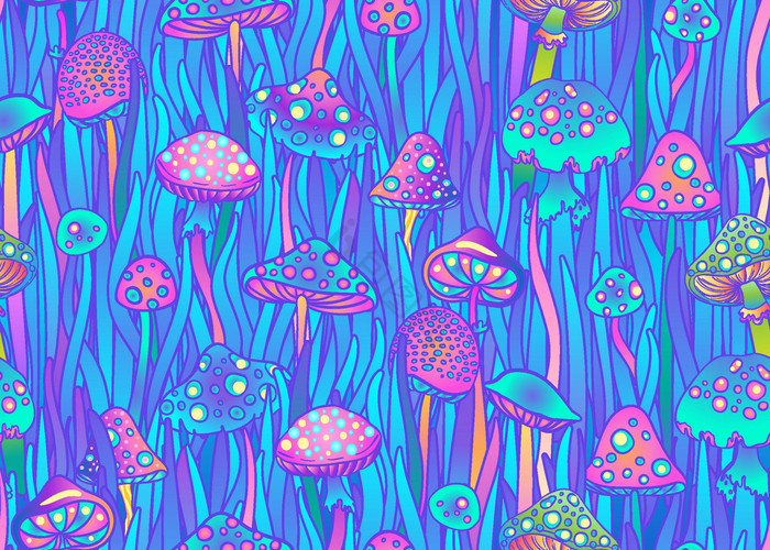 魔法蘑菇无缝的模式迷幻幻觉古董迷幻纺织织