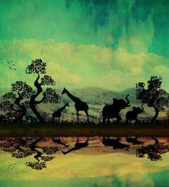 Safari非洲轮廓野生动物反射水