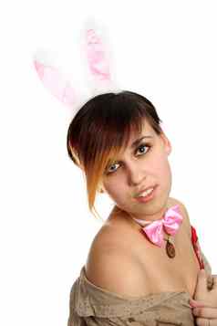 年轻的兔子女孩粉红色的兔子耳朵