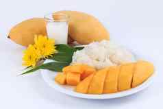 泰国甜蜜的黏糊糊的大米芒果泰国风格热带甜点