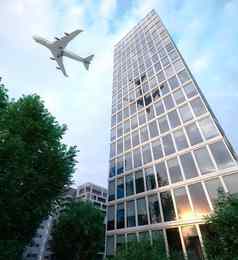 建筑飞行飞机树概念业务旅游背景插图