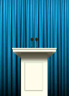 白色讲台上蓝色的窗帘背景