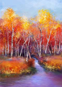 石油绘画色彩斑斓的秋天景观背景