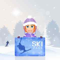 女孩滑雪通行证冬天