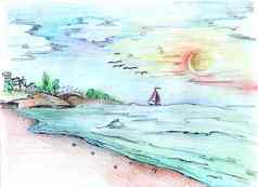 插图铅笔画海景日落