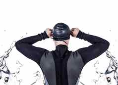 复合图像后视图游泳运动员潜水服穿游泳护目镜