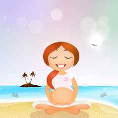 怀孕了女人瑜伽海滩