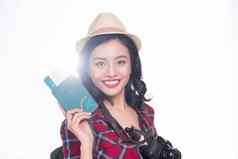 女人旅行年轻的美丽的亚洲女人旅行者持有passp