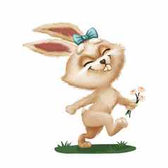 快乐可爱的毛茸茸的兔子花卡通动物字符运行绿色场手绘动画吉祥物插图杂志孩子们的书封面问候帖子卡