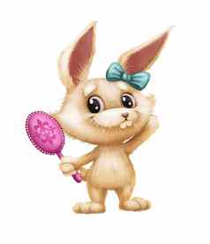 可爱的毛茸茸的兔子卡通动物字符吉祥物镜子微笑