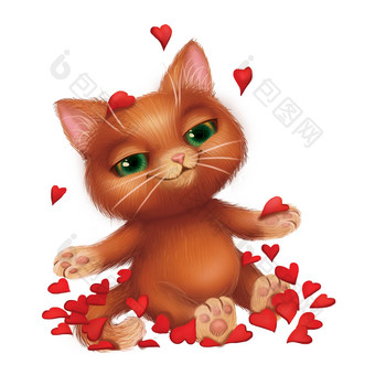 可爱的微笑小猫爱在红色的玫瑰<strong>花瓣</strong>手绘<strong>卡通</strong>字符
