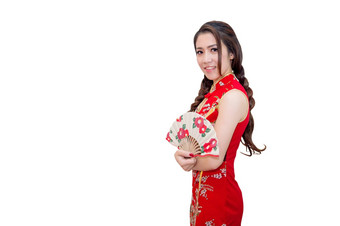 美丽的年轻的亚洲女人穿中国人传统的衣服<strong>旗袍旗袍</strong>孤立的白色背景