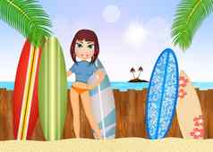 女孩冲浪板海滩