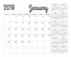 简单的日历规划师一年设计1月模板集个月周开始周日日历规划周