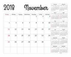简单的日历规划师一年设计11月模板集个月周开始周日日历规划周