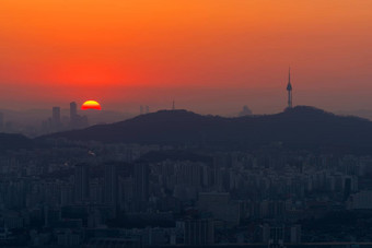 韩国日落首尔城市天际线视图南韩国