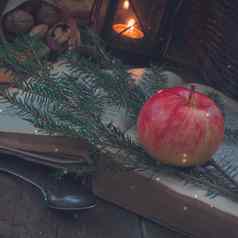 红色的黄色的苹果分支圣诞树书黑色的灯笼烛台