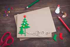签署手工制作的圣诞节卡感觉圣诞树雪花效果红色的明星