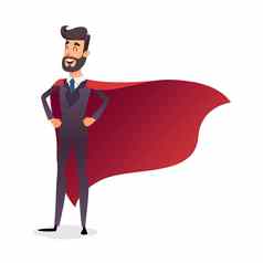 卡通超级英雄站角挥舞着风成功的快乐英雄商人概念成功领导胜利业务年轻的企业家超人斗篷