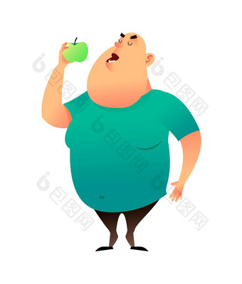 脂肪男人。咬苹果习惯健康的吃概念高脂肪的的家伙梦想失去重量选择健康的饮食健康的生活方式适当的营养生活方式
