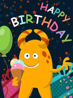 有趣的黄色的怪物冰奶油庆祝生日明信片