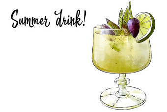Colorfu手绘插图美味的奶昔新鲜的水果新鲜的夏天鸡尾酒石灰薄荷水果美丽的玻璃健康的饮料维生素自然喝