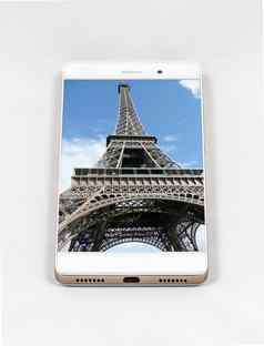 现代智能手机显示完整的屏幕图片埃菲尔铁塔