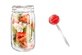 色彩斑斓的手绘插图美味的奶昔新鲜的水果萝莉波普新鲜的夏天鸡尾酒草莓薄荷玻璃Jar冰多维数据集健康的饮料维生素自然喝